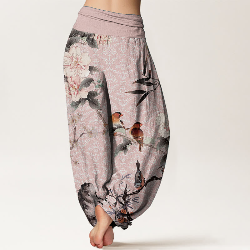 Pantalones harén de algodón puro con diseño de mandala, ramas de flores y pájaros currucas, con Buddha Stones y cintura elástica para mujer