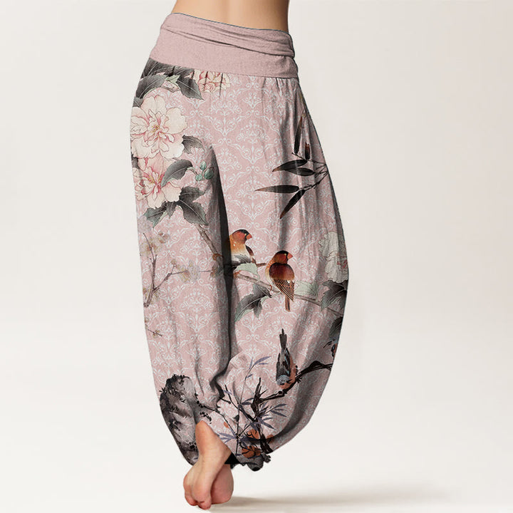 Pantalones harén de algodón puro con diseño de mandala, ramas de flores y pájaros currucas, con Buddha Stones y cintura elástica para mujer