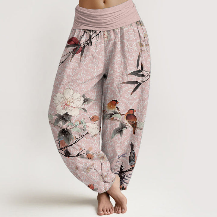 Pantalones harén de algodón puro con diseño de mandala, ramas de flores y pájaros currucas, con Buddha Stones y cintura elástica para mujer