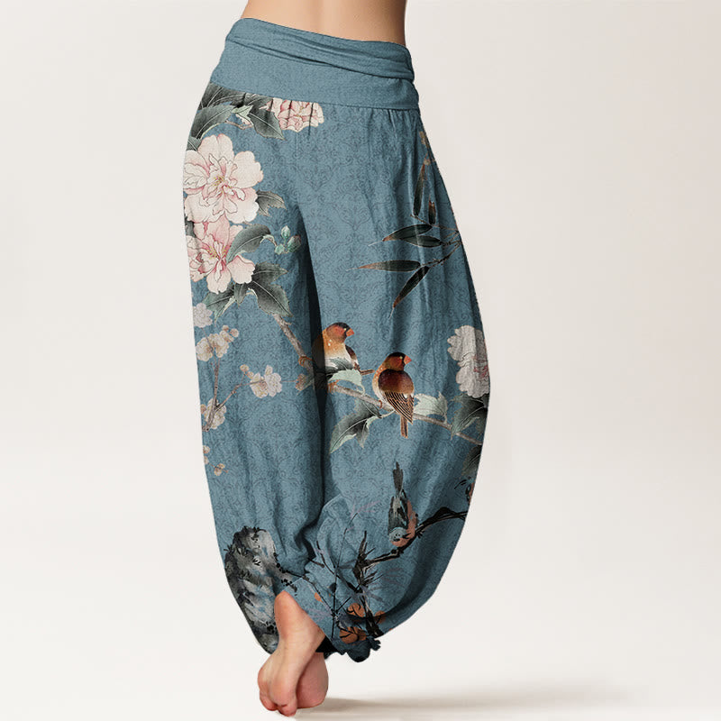 Pantalones harén de algodón puro con diseño de mandala, ramas de flores y pájaros currucas, con Buddha Stones y cintura elástica para mujer