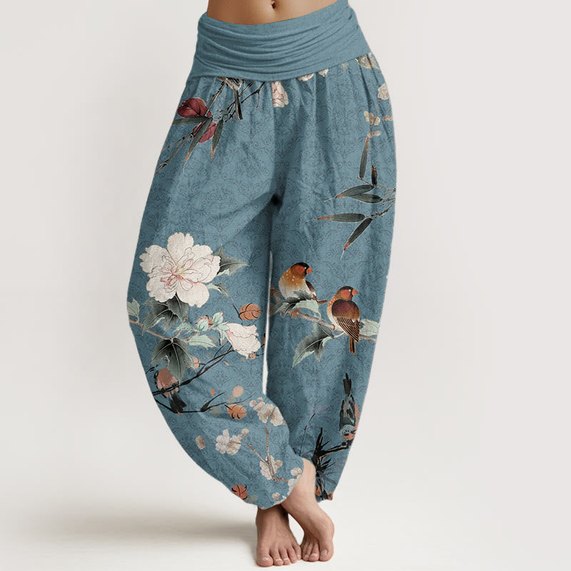 Pantalones harén de algodón puro con diseño de mandala, ramas de flores y pájaros currucas, con Buddha Stones y cintura elástica para mujer