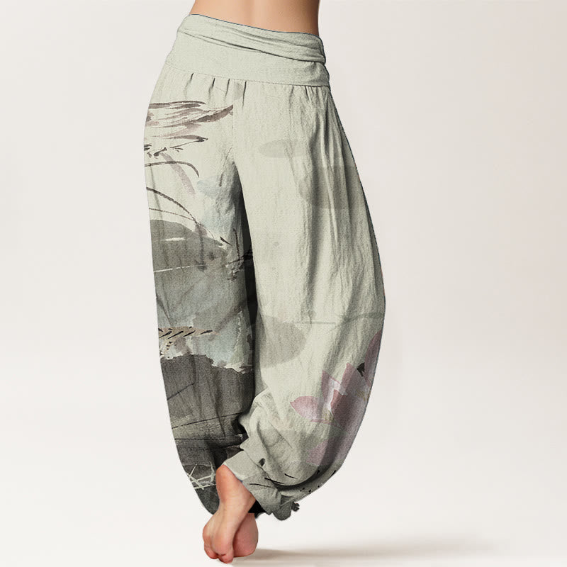 Pantalones harén de algodón puro con estampado de Buddha Stones de loto rosa y pájaro para mujer, con cintura elástica