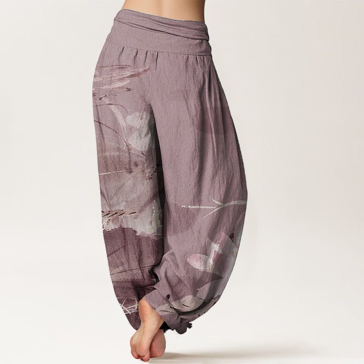 Pantalones harén de algodón puro con estampado de Buddha Stones de loto rosa y pájaro para mujer, con cintura elástica - image 9