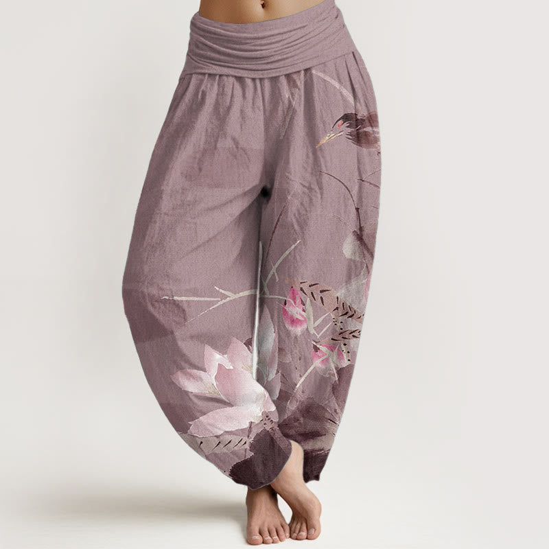 Pantalones harén de algodón puro con estampado de Buddha Stones de loto rosa y pájaro para mujer, con cintura elástica