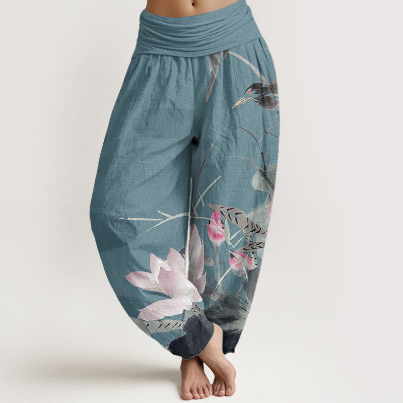 Pantalones harén de algodón puro con estampado de Buddha Stones de loto rosa y pájaro para mujer, con cintura elástica - Turquesa oscuro - US22，UK/AU26，EU54 (6XL) - image 5