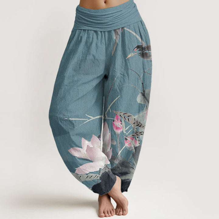 Pantalones harén de algodón puro con estampado de Buddha Stones de loto rosa y pájaro para mujer, con cintura elástica - Turquesa oscuro - US22，UK/AU26，EU54 (6XL) - image 5