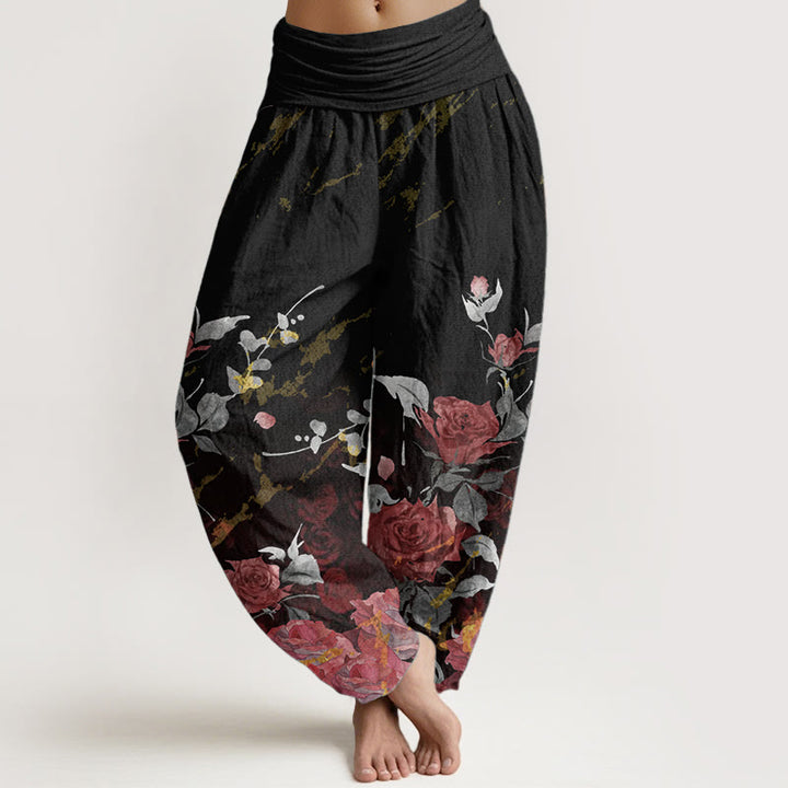 Pantalones Buddha Stones de algodón puro con estampado de rosas florecientes para mujer, cintura elástica - Negro - US22，UK/AU26，EU54 (6XL) - image 0