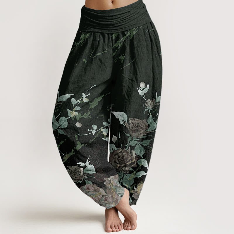 Pantalones Buddha Stones de algodón puro con estampado de rosas florecientes para mujer, cintura elástica