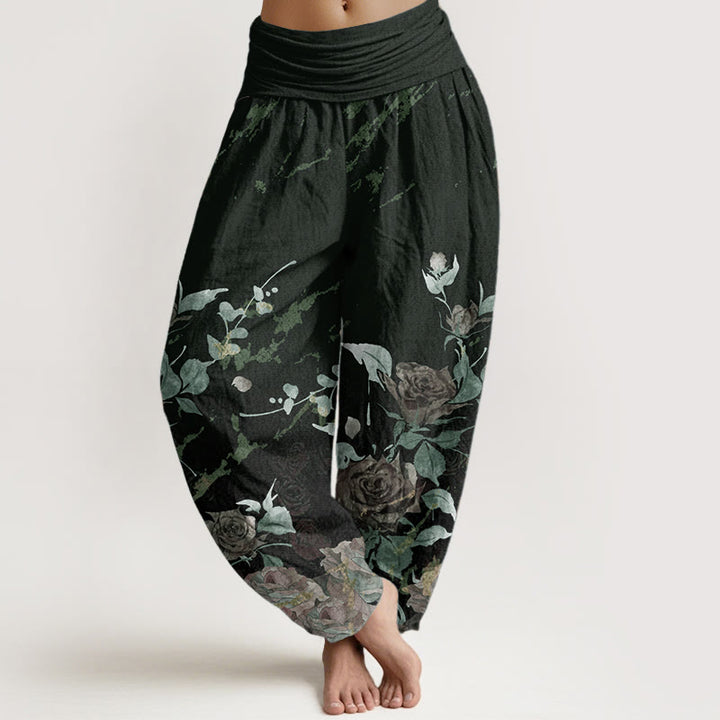 Pantalones Buddha Stones de algodón puro con estampado de rosas florecientes para mujer, cintura elástica - Verde oscuro - US22，UK/AU26，EU54 (6XL) - image 8