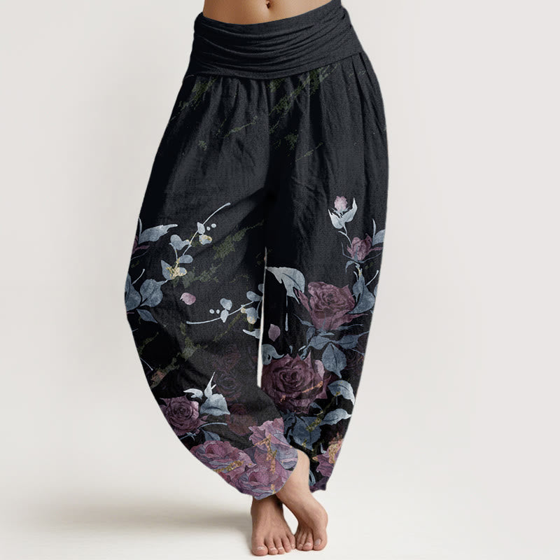 Pantalones Buddha Stones de algodón puro con estampado de rosas florecientes para mujer, cintura elástica
