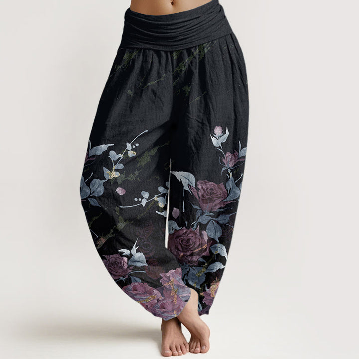 Pantalones Buddha Stones de algodón puro con estampado de rosas florecientes para mujer, cintura elástica