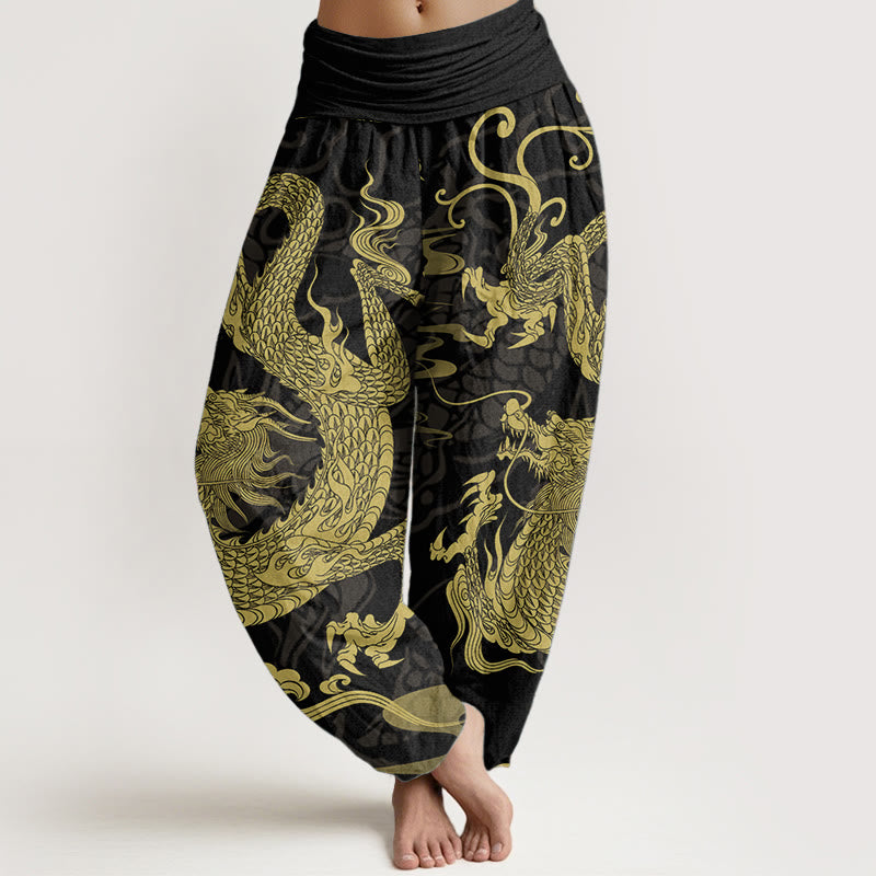 Pantalones harén de algodón puro con diseño de Buddha Stones y nubes auspiciosas para mujer, con cintura elástica - Negro - US22，UK/AU26，EU54 (6XL) - image 0