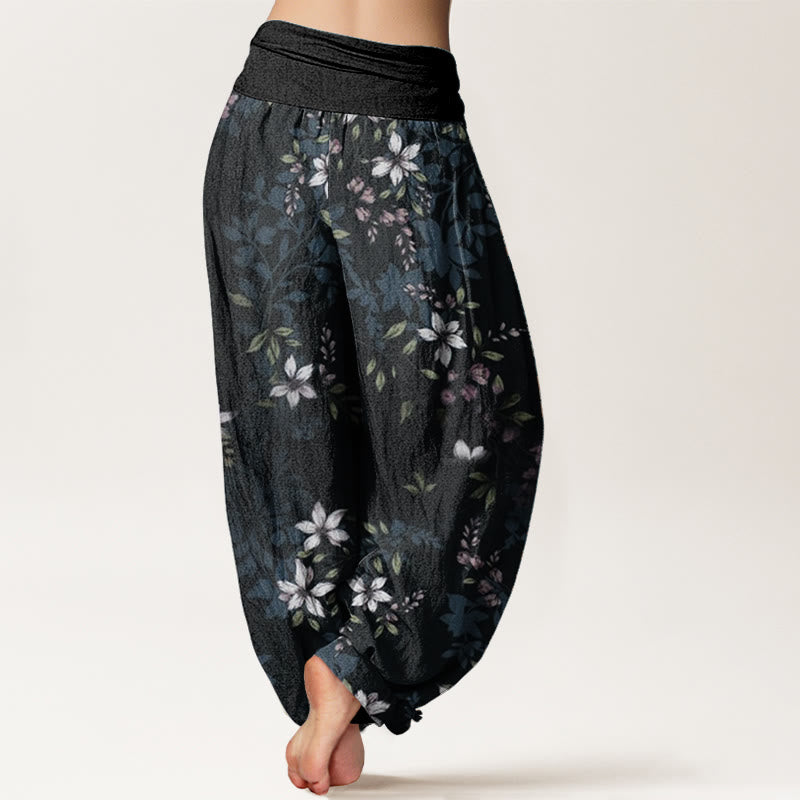 Pantalones harén de algodón puro con diseño de Buddha Stones y pequeñas flores blancas y hojas verdes para mujer, con cintura elástica - image 1