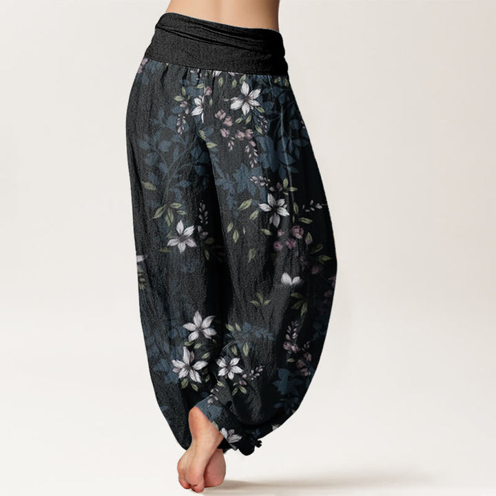 Pantalones harén de algodón puro con diseño de Buddha Stones y pequeñas flores blancas y hojas verdes para mujer, con cintura elástica - image 1
