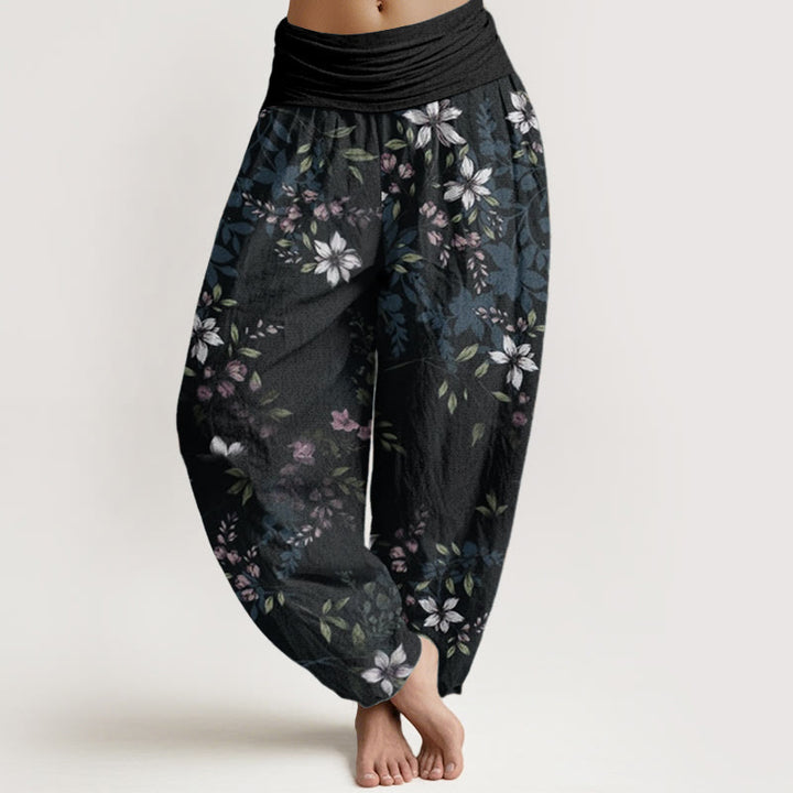 Pantalones harén de algodón puro con diseño de Buddha Stones y pequeñas flores blancas y hojas verdes para mujer, con cintura elástica - Negro - US22，UK/AU26，EU54 (6XL) - image 0