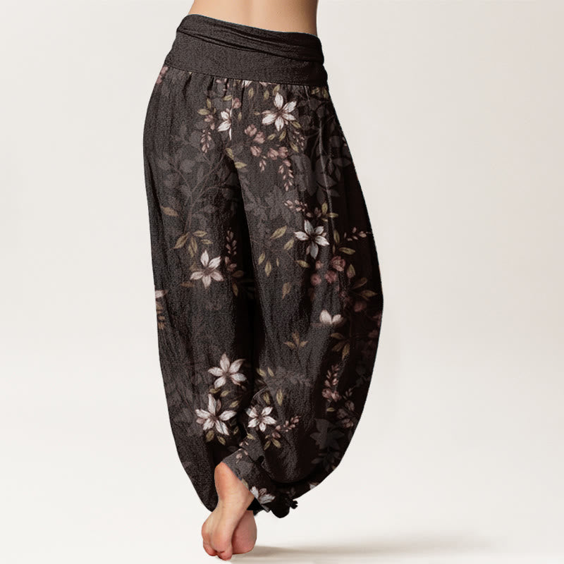 Pantalones harén de algodón puro con diseño de Buddha Stones y pequeñas flores blancas y hojas verdes para mujer, con cintura elástica - image 9
