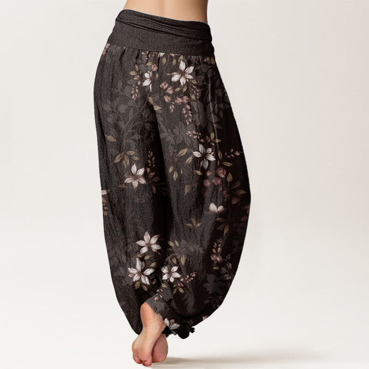 Pantalones harén de algodón puro con diseño de Buddha Stones y pequeñas flores blancas y hojas verdes para mujer, con cintura elástica - image 9