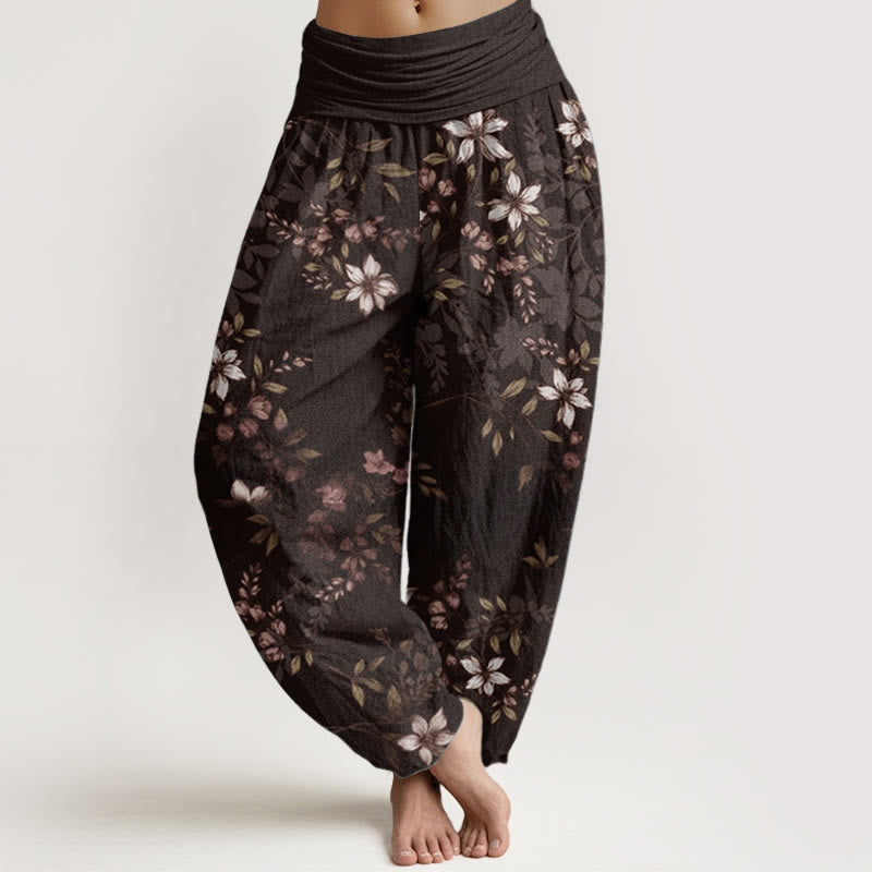 Pantalones harén de algodón puro con diseño de Buddha Stones y pequeñas flores blancas y hojas verdes para mujer, con cintura elástica - SaddleBrown - US22，UK/AU26，EU54 (6XL) - image 8