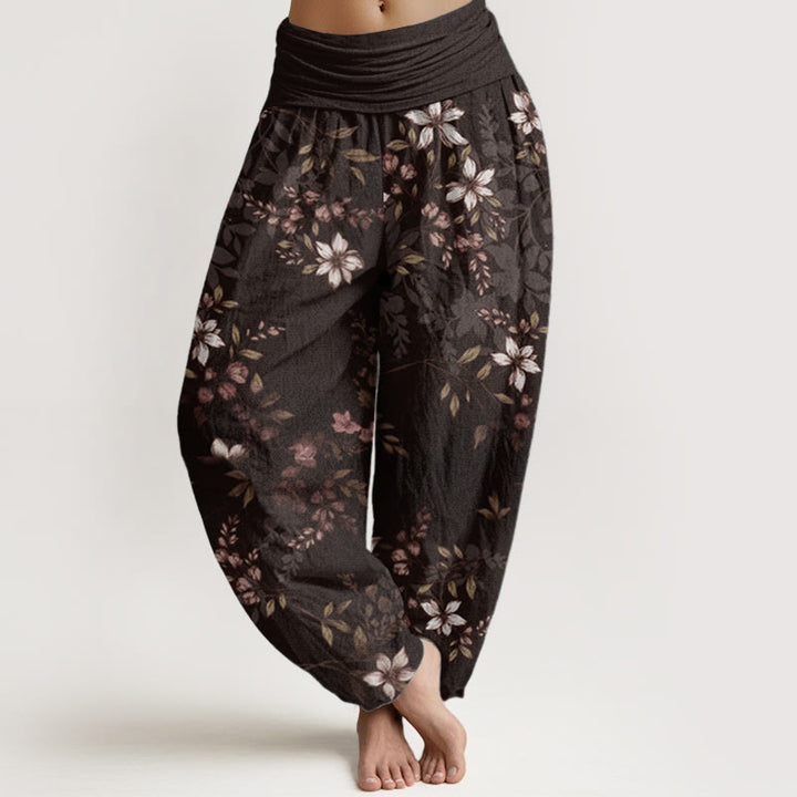 Pantalones harén de algodón puro con diseño de Buddha Stones y pequeñas flores blancas y hojas verdes para mujer, con cintura elástica - SaddleBrown - US22，UK/AU26，EU54 (6XL) - image 8