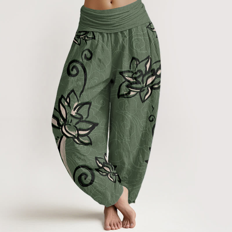 Pantalones harén de algodón puro con diseño de nubes de loto y Buddha Stones para mujer, cintura elástica