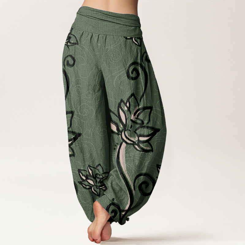 Pantalones harén de algodón puro con diseño de nubes de loto y Buddha Stones para mujer, cintura elástica