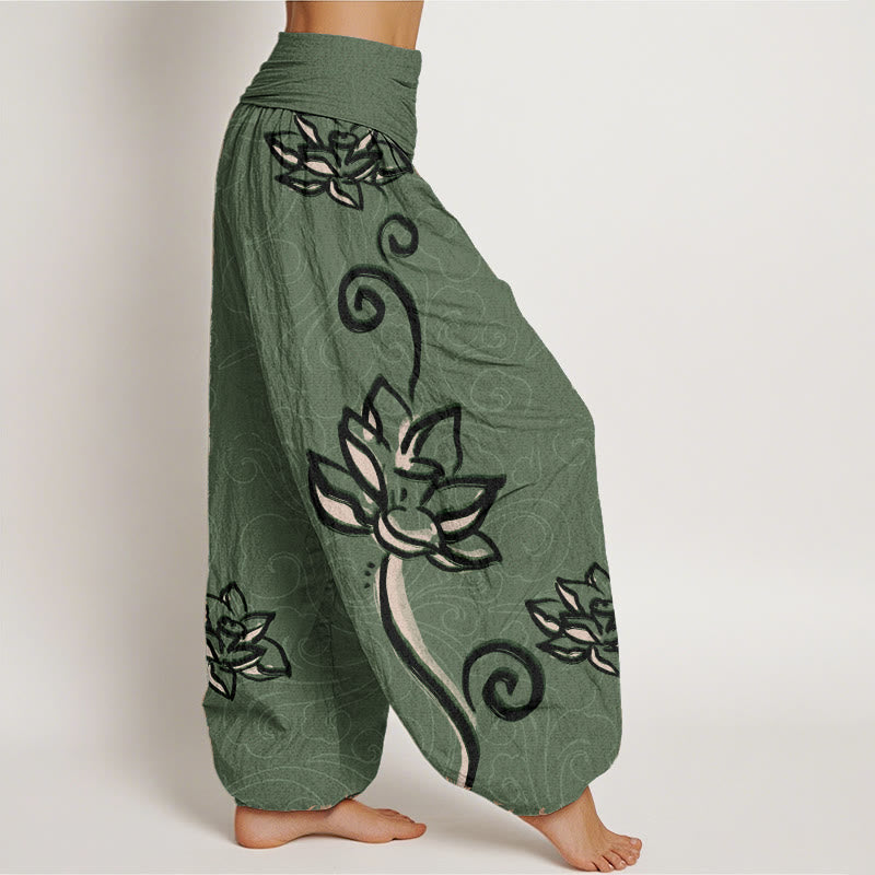 Pantalones harén de algodón puro con diseño de nubes de loto y Buddha Stones para mujer, cintura elástica