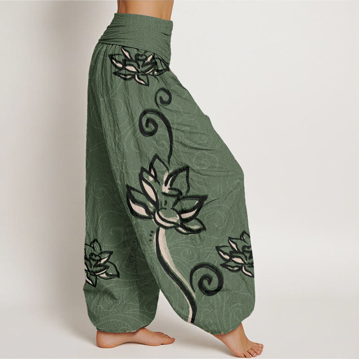 Pantalones harén de algodón puro con diseño de nubes de loto y Buddha Stones para mujer, cintura elástica