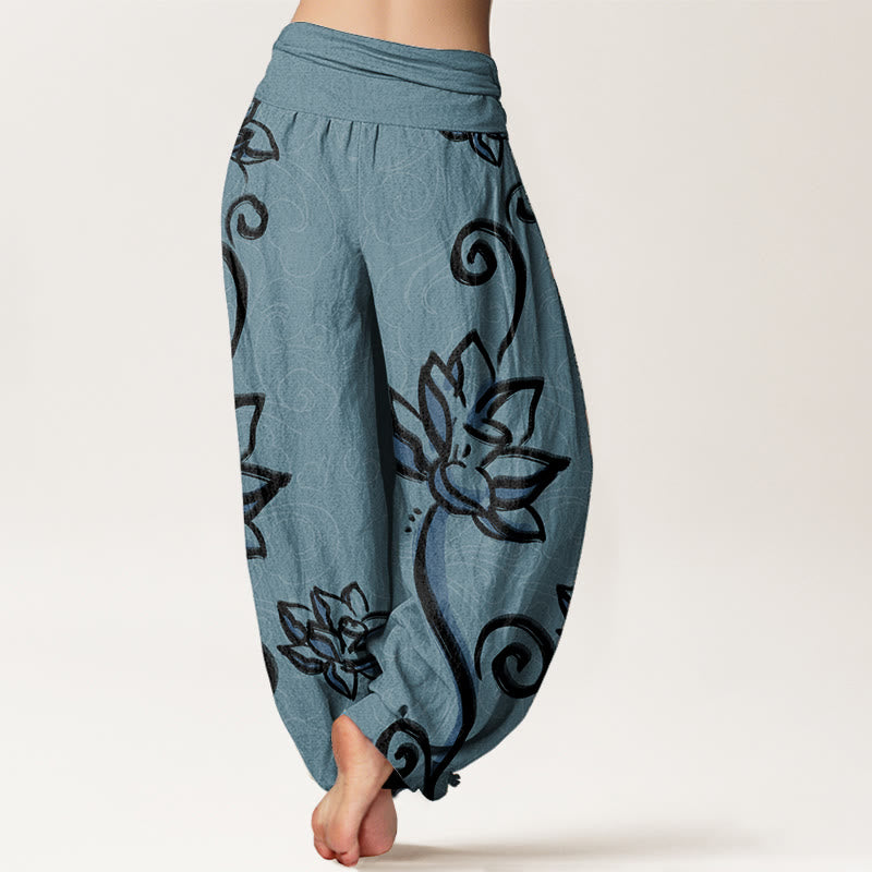 Pantalones harén de algodón puro con diseño de nubes de loto y Buddha Stones para mujer, cintura elástica