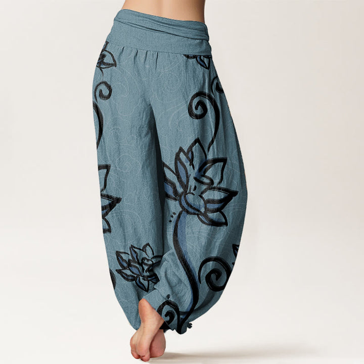Pantalones harén de algodón puro con diseño de nubes de loto y Buddha Stones para mujer, cintura elástica