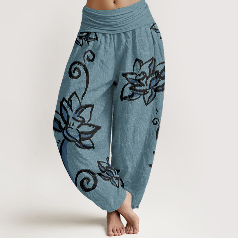 Pantalones harén de algodón puro con diseño de nubes de loto y Buddha Stones para mujer, cintura elástica
