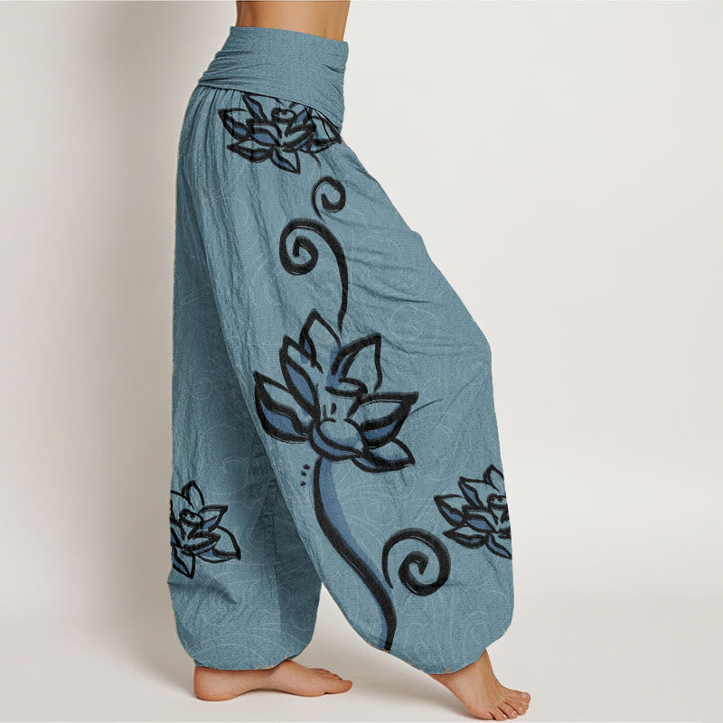 Pantalones harén de algodón puro con diseño de nubes de loto y Buddha Stones para mujer, cintura elástica