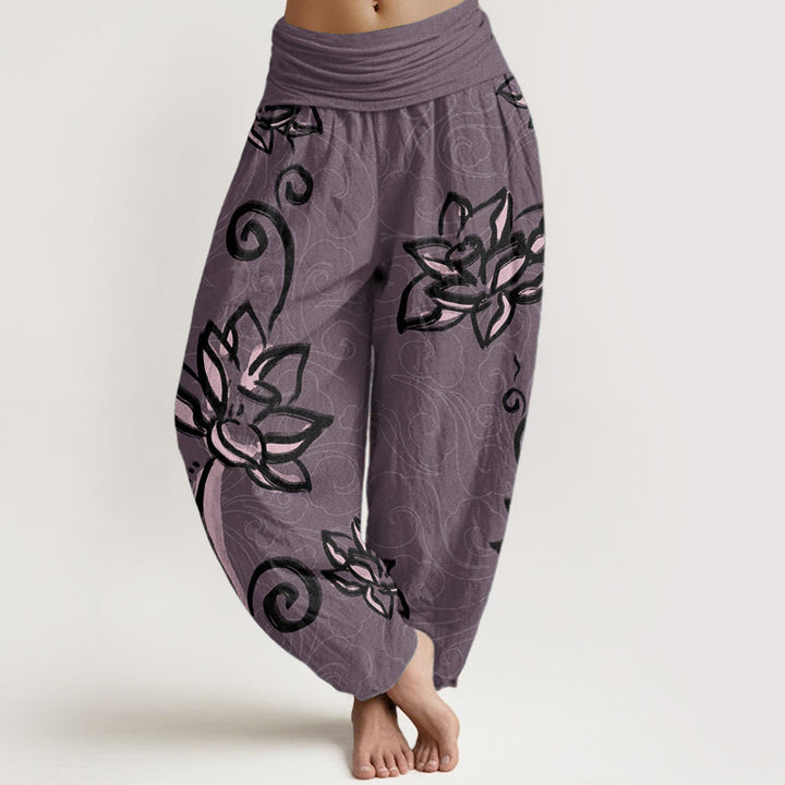Pantalones harén de algodón puro con diseño de nubes de loto y Buddha Stones para mujer, cintura elástica