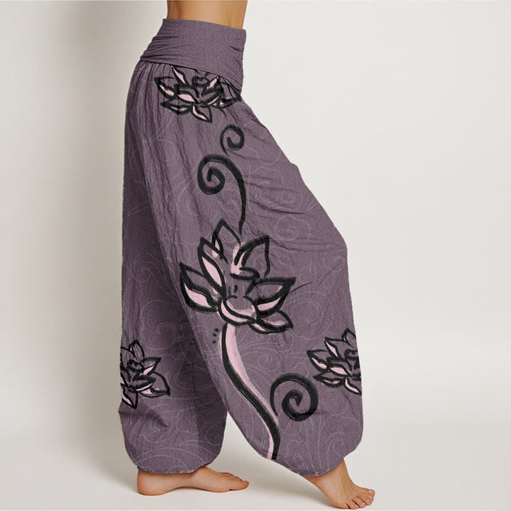Pantalones harén de algodón puro con diseño de nubes de loto y Buddha Stones para mujer, cintura elástica