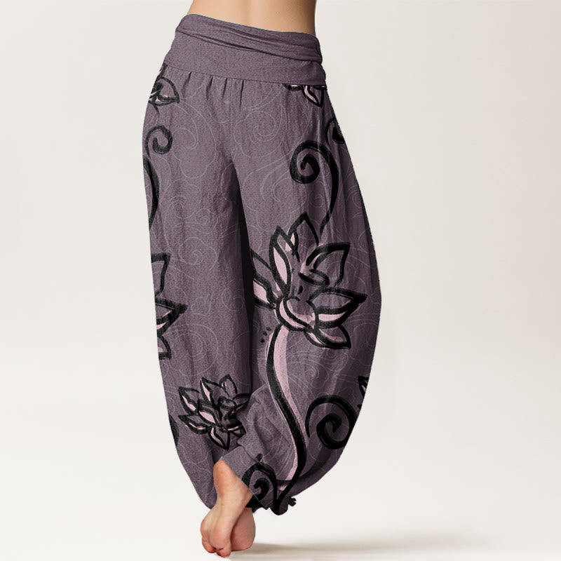 Pantalones harén de algodón puro con diseño de nubes de loto y Buddha Stones para mujer, cintura elástica
