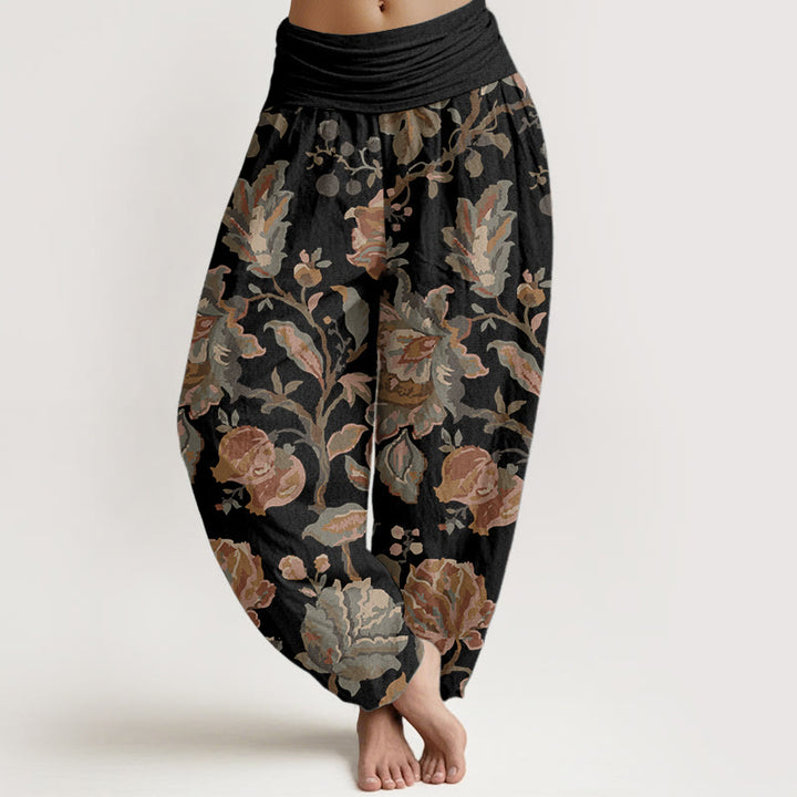 Pantalones Buddha Stones de algodón puro con diseño de flores y capullos para mujer, estilo casual, con cintura elástica - Negro - US22，UK/AU26，EU54 (6XL) - image 0