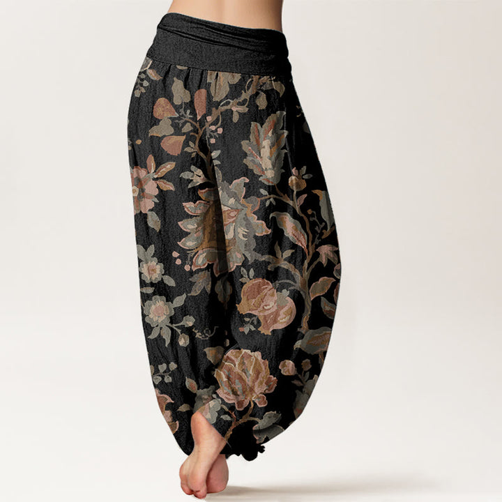 Pantalones Buddha Stones de algodón puro con diseño de flores y capullos para mujer, estilo casual, con cintura elástica