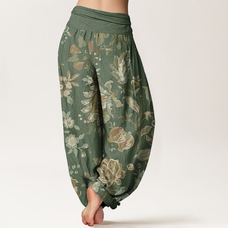 Pantalones Buddha Stones de algodón puro con diseño de flores y capullos para mujer, estilo casual, con cintura elástica