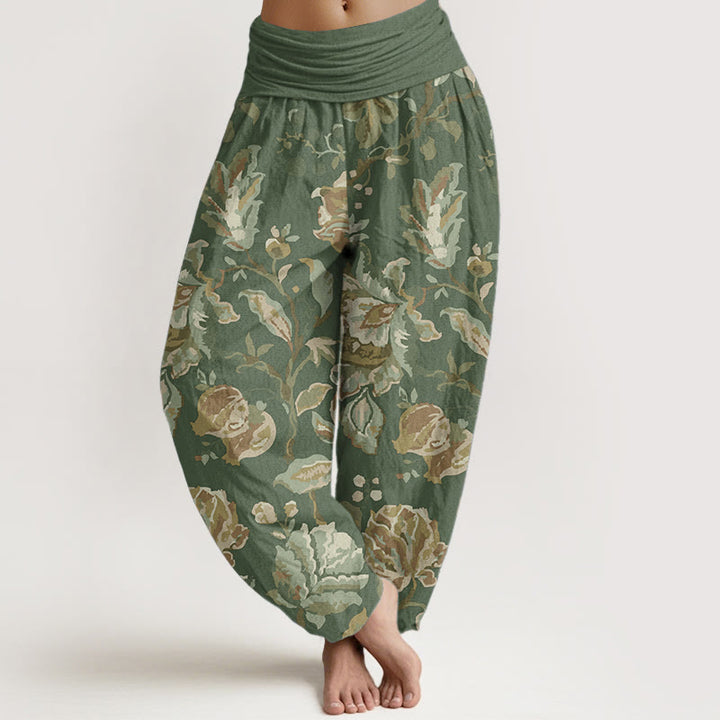 Pantalones Buddha Stones de algodón puro con diseño de flores y capullos para mujer, estilo casual, con cintura elástica