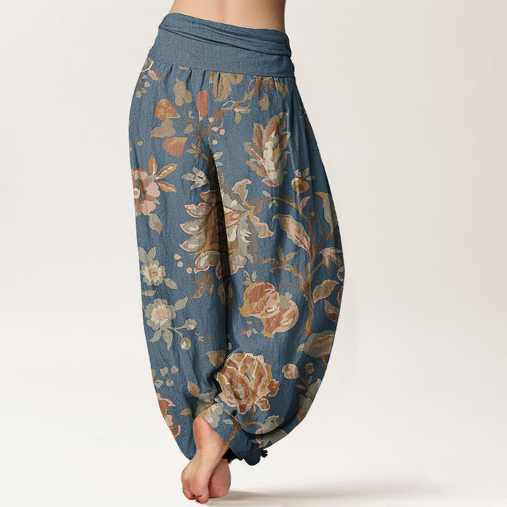 Pantalones Buddha Stones de algodón puro con diseño de flores y capullos para mujer, estilo casual, con cintura elástica