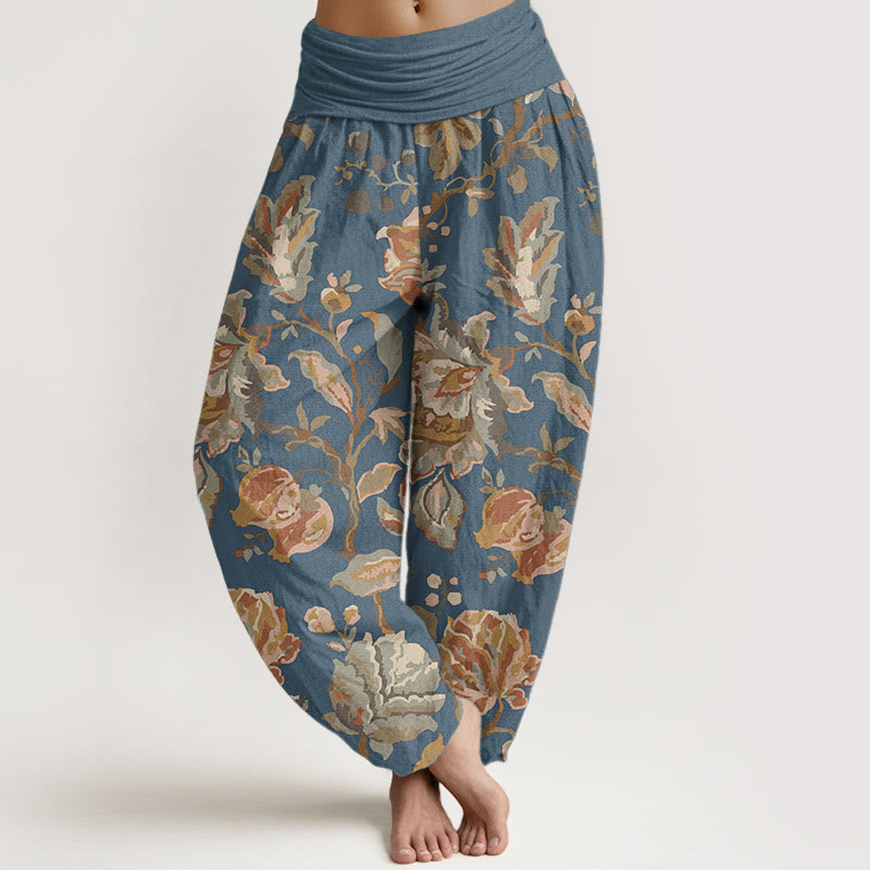 Pantalones Buddha Stones de algodón puro con diseño de flores y capullos para mujer, estilo casual, con cintura elástica