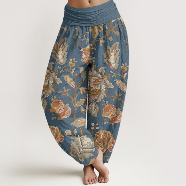 Pantalones Buddha Stones de algodón puro con diseño de flores y capullos para mujer, estilo casual, con cintura elástica