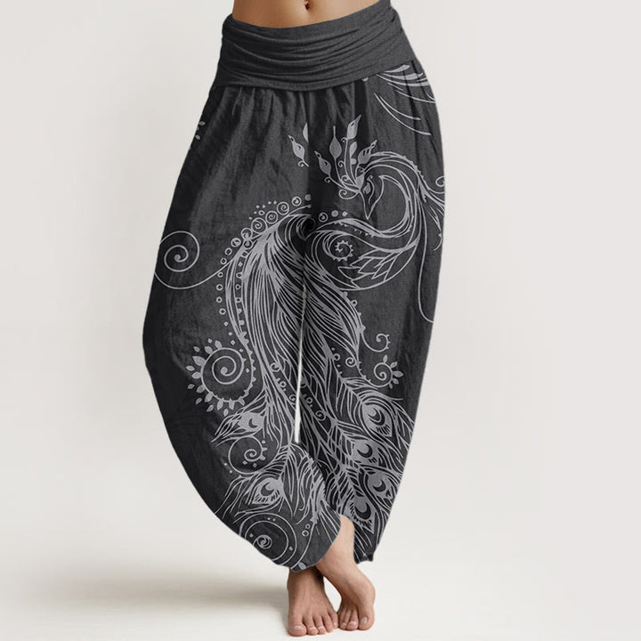 Pantalones Buddha Stones de algodón puro con diseño de pavo real para mujer, estilo casual, con cintura elástica
