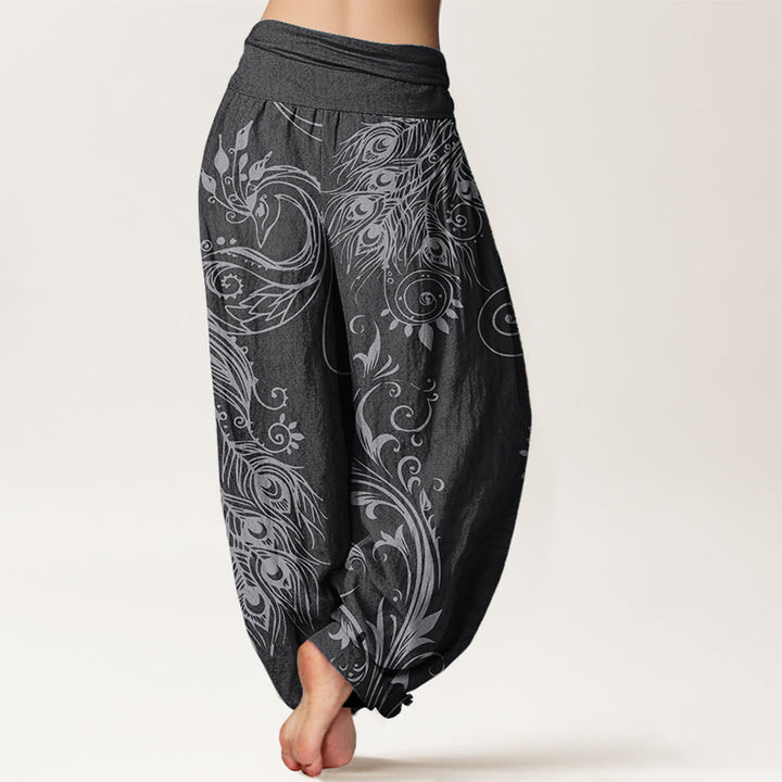 Pantalones Buddha Stones de algodón puro con diseño de pavo real para mujer, estilo casual, con cintura elástica