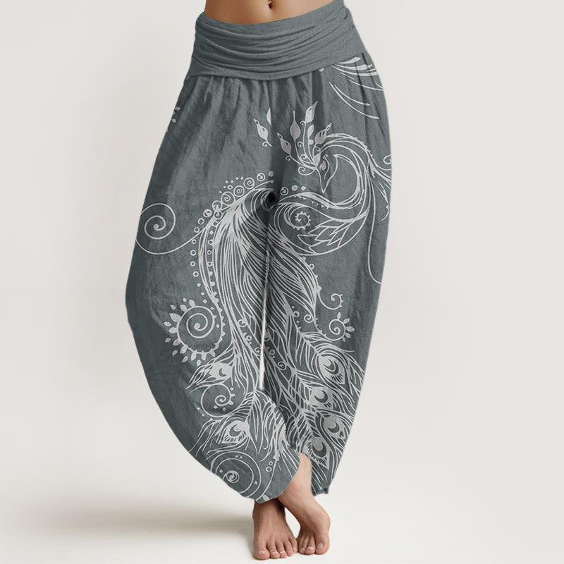 Pantalones Buddha Stones de algodón puro con diseño de pavo real para mujer, estilo casual, con cintura elástica