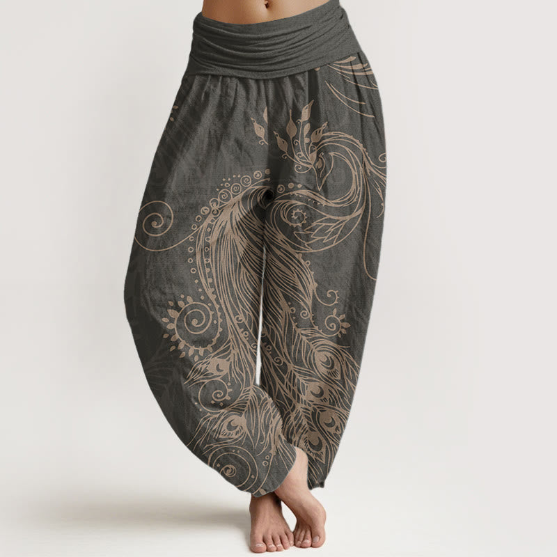 Pantalones Buddha Stones de algodón puro con diseño de pavo real para mujer, estilo casual, con cintura elástica