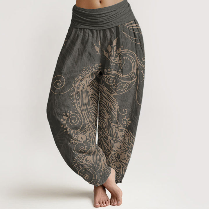 Pantalones Buddha Stones de algodón puro con diseño de pavo real para mujer, estilo casual, con cintura elástica