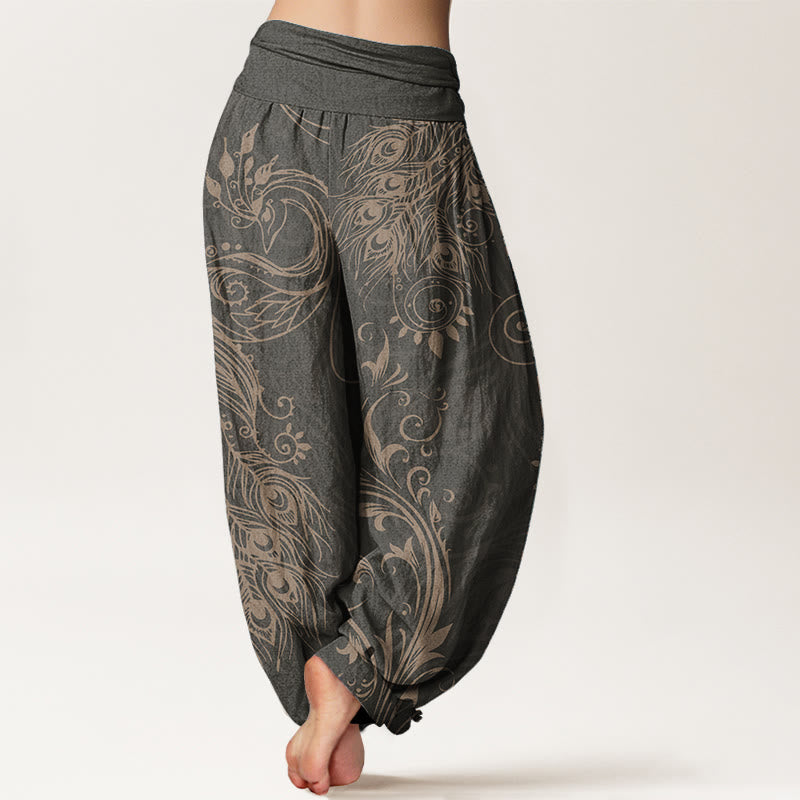 Pantalones Buddha Stones de algodón puro con diseño de pavo real para mujer, estilo casual, con cintura elástica