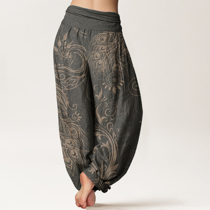 Pantalones Buddha Stones de algodón puro con diseño de pavo real para mujer, estilo casual, con cintura elástica