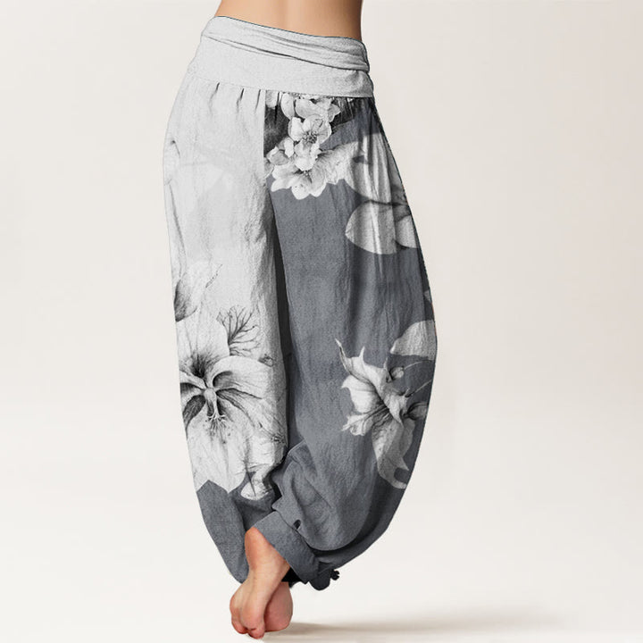 Pantalones harén de algodón puro con estampado de camelia y Buddha Stones para mujer con cintura elástica