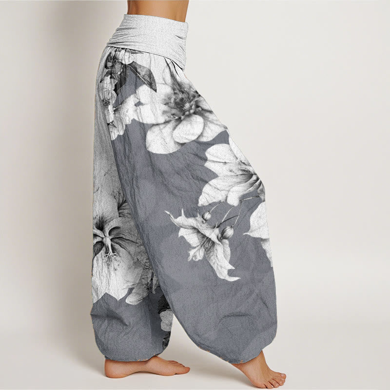 Pantalones harén de algodón puro con estampado de camelia y Buddha Stones para mujer con cintura elástica
